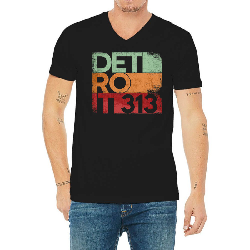 313 Detroit Area Code Michigan State Vintage Retro V-Neck Tee by SamsulArt | Artistshot