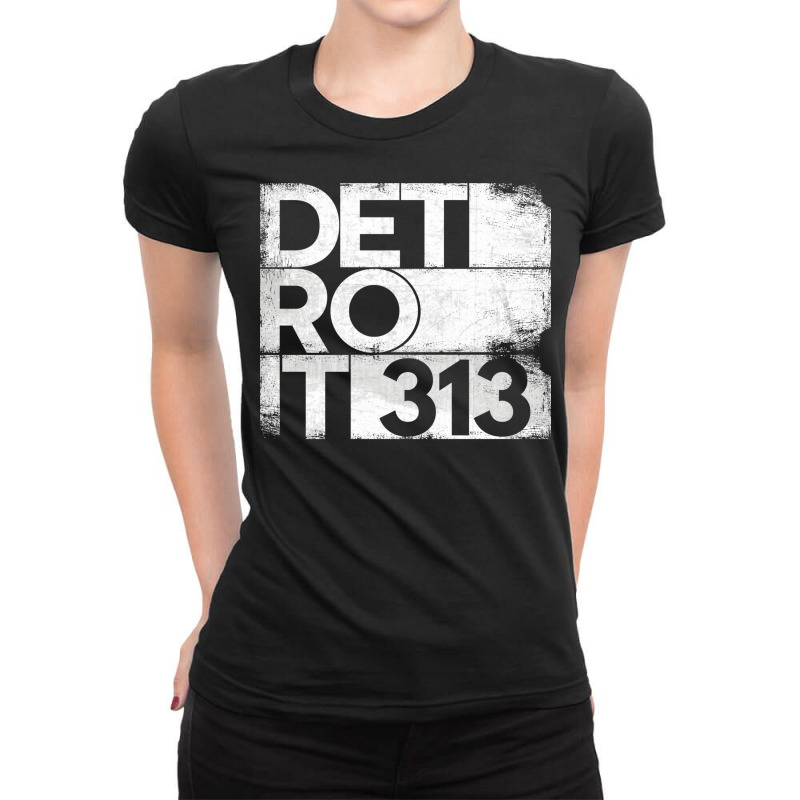 313 Detroit Michigan State With Area Code Grunge Distressed Ladies Fitted T-Shirt by SamsulArt | Artistshot