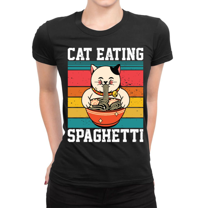 Cat Eating Spaghetti Ladies Fitted T-Shirt by kakashop | Artistshot