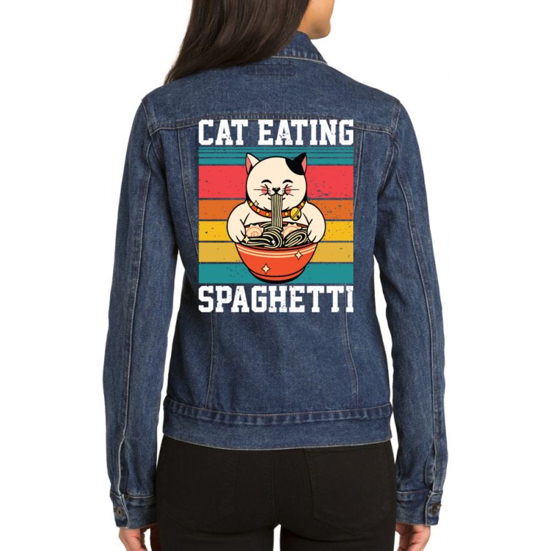 Cat Eating Spaghetti Ladies Denim Jacket by kakashop | Artistshot