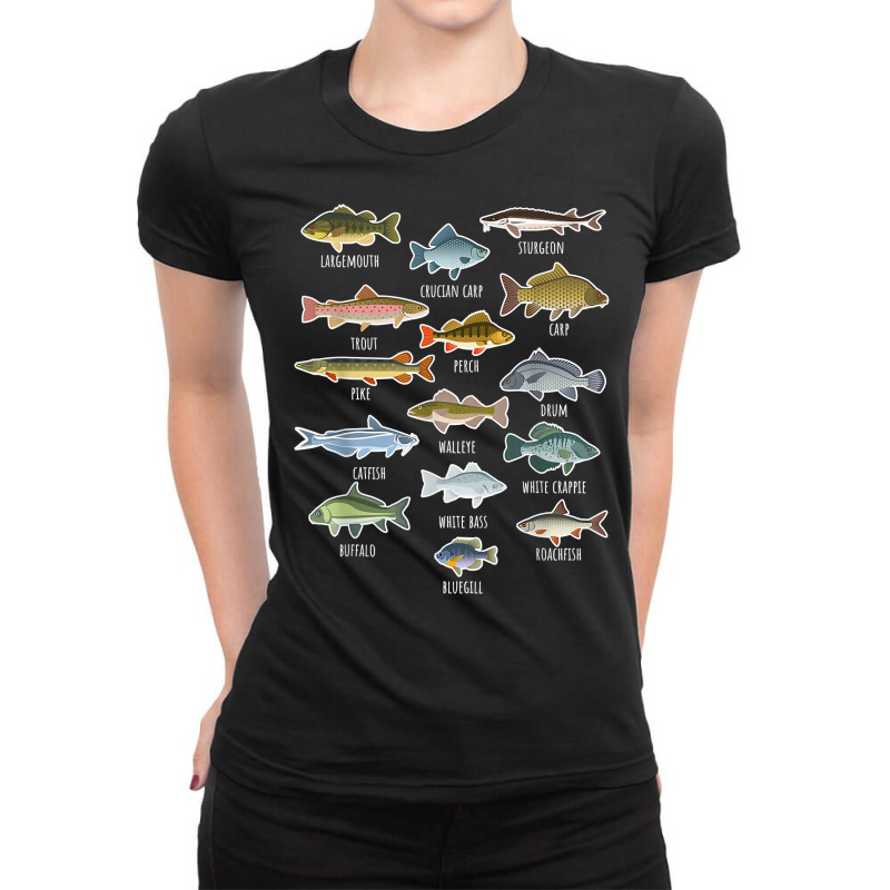 Types Of Freshwater Fish Species Fishing T Shirt Ladies Fitted T-Shirt by corindu | Artistshot