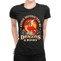 Easily Distracted By Dragons & Books Nerd Dragon L Ladies Fitted T-shirt | Artistshot