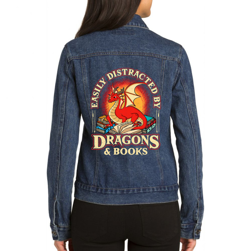 Easily Distracted By Dragons & Books Nerd Dragon L Ladies Denim Jacket by whoretacarpal | Artistshot