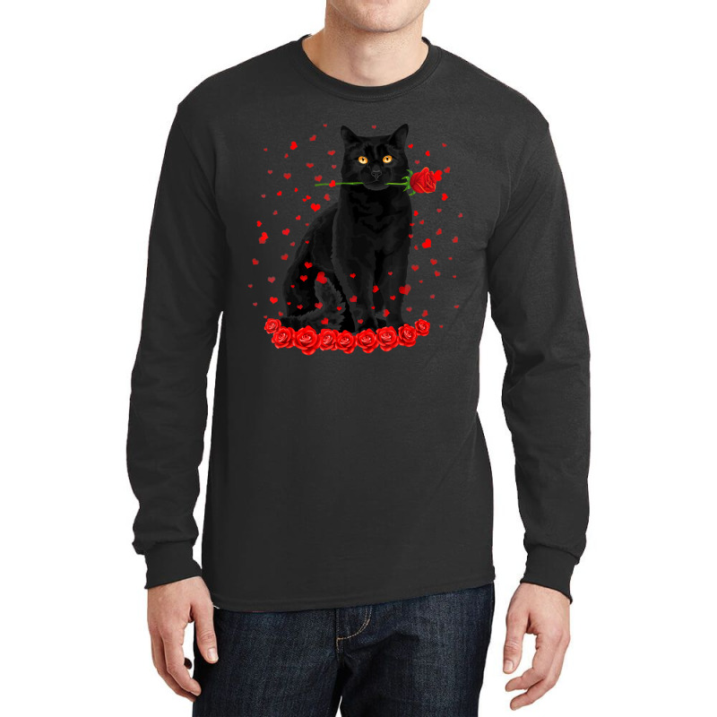 Black Cat With Red Roses Couples Valentine's Day W Long Sleeve Shirts by kimblejoettaefd | Artistshot