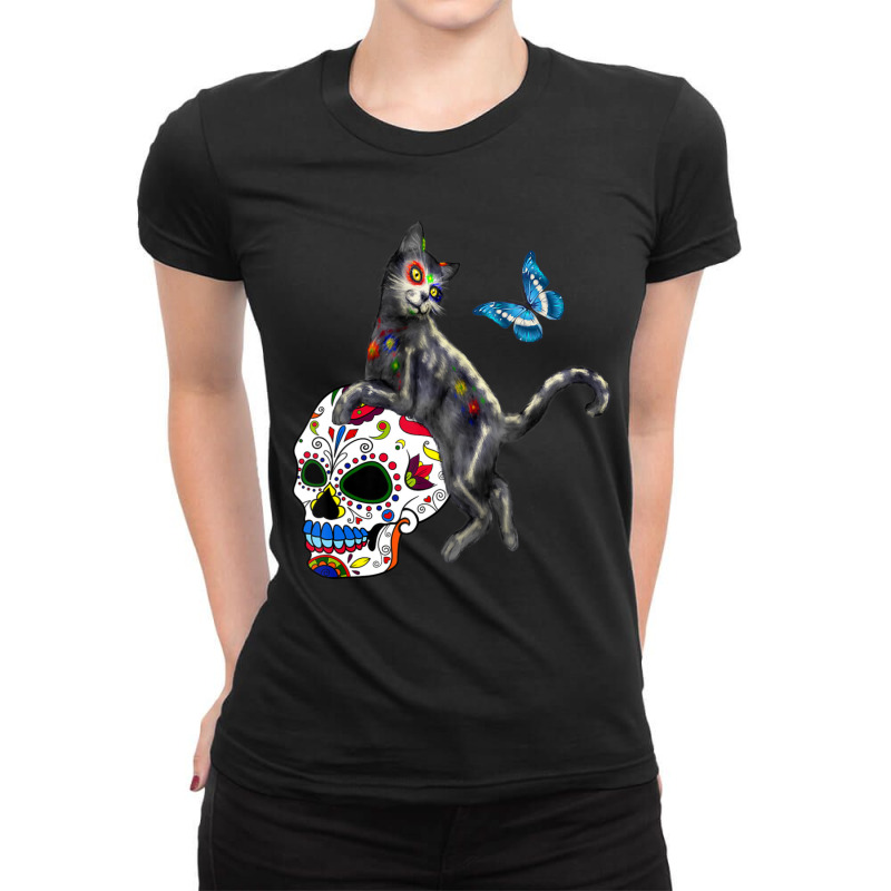 Day Of The Dead Cat Sugar Skull And Butterfly Ladies Fitted T-Shirt by kimblejoettaefd | Artistshot