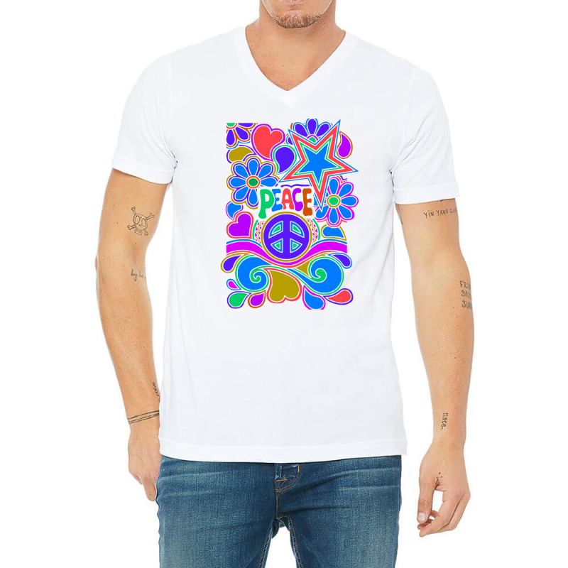 Peace And Love Flowers And Stars Hippie Design V-Neck Tee by dallycoplina | Artistshot