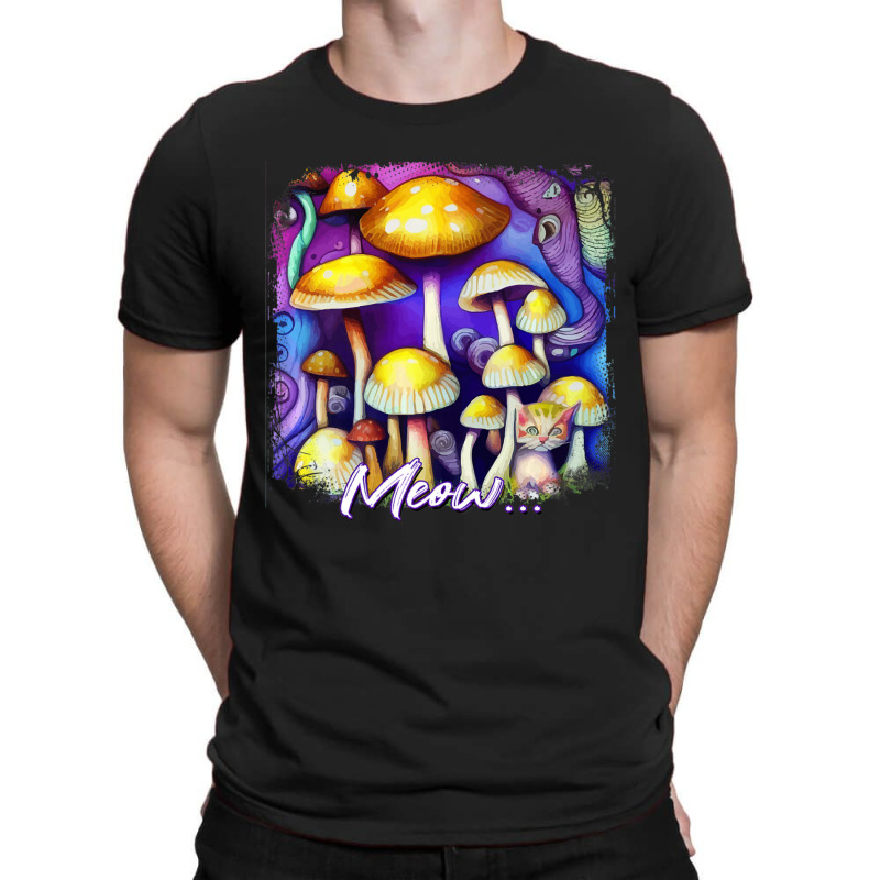 Mens Colorful Mushroom Meow Cat Morel Mycology Art T-shirt | Artistshot