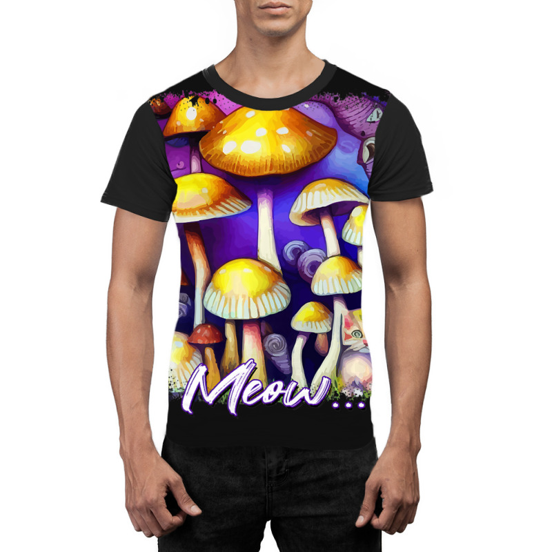 Mens Colorful Mushroom Meow Cat Morel Mycology Art Graphic T-shirt | Artistshot