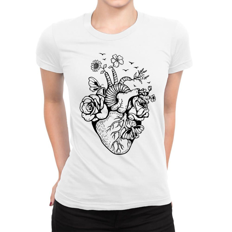 Heart Anatomy Flowers Funny Anatomical Heart And H Ladies Fitted T-Shirt by bellaaa | Artistshot