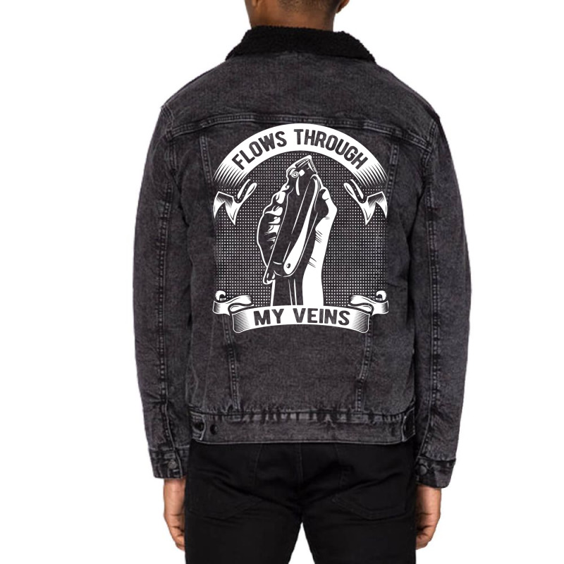 Flows Through My Veins Hair Cutting Barber Men Gif Unisex Sherpa-lined Denim Jacket | Artistshot