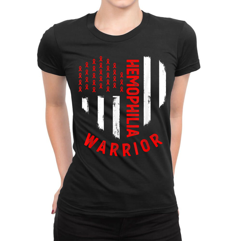 Hemophilia Awareness Red Ribbon Us Flag Hemophilia Ladies Fitted T-Shirt by peeteeh | Artistshot