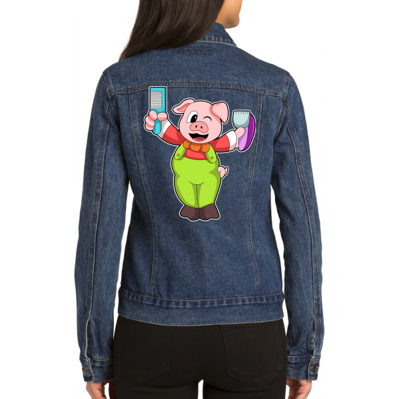 Pig With Comb Razor Boy Ladies Denim Jacket by niventriskao | Artistshot