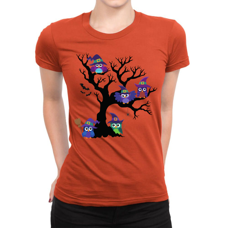 Owls In Hats On Branches Ladies Fitted T-Shirt by quillhaileyv | Artistshot