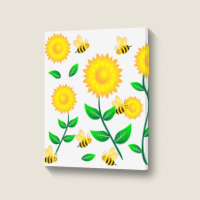 Honey Bee Cartoon On Sunflower Pattern Portrait Canvas Print | Artistshot