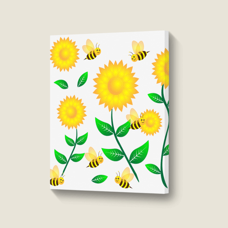 Honey Bee Cartoon On Sunflower Pattern Portrait Canvas Print | Artistshot