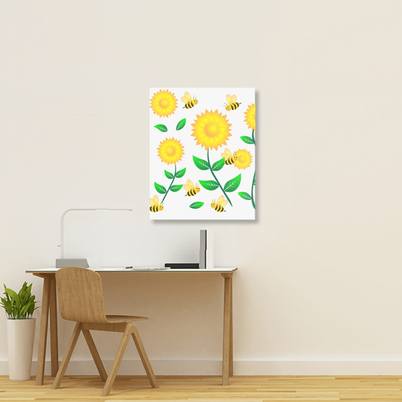 Honey Bee Cartoon On Sunflower Pattern Portrait Canvas Print | Artistshot