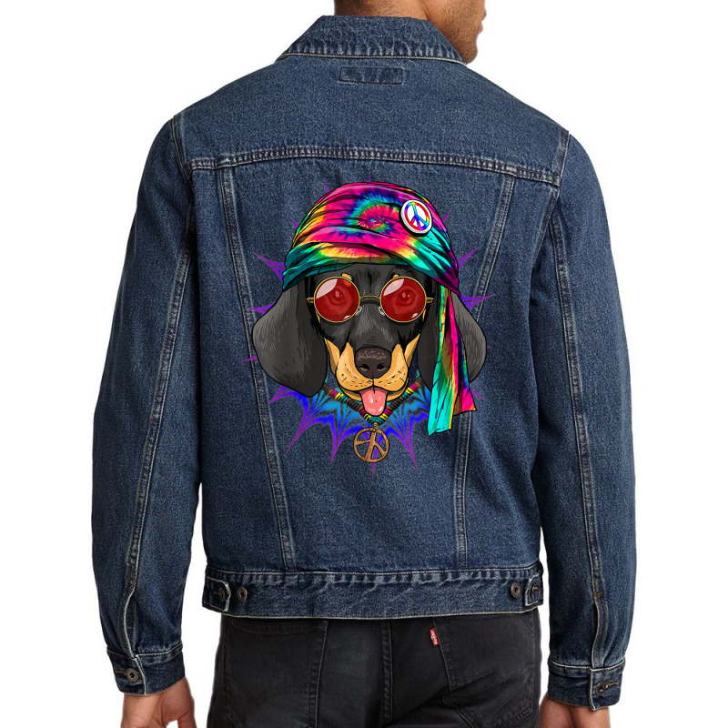 Tie Dye Hippie Dachshund Hippiness Peace Love Dog Men Denim Jacket | Artistshot