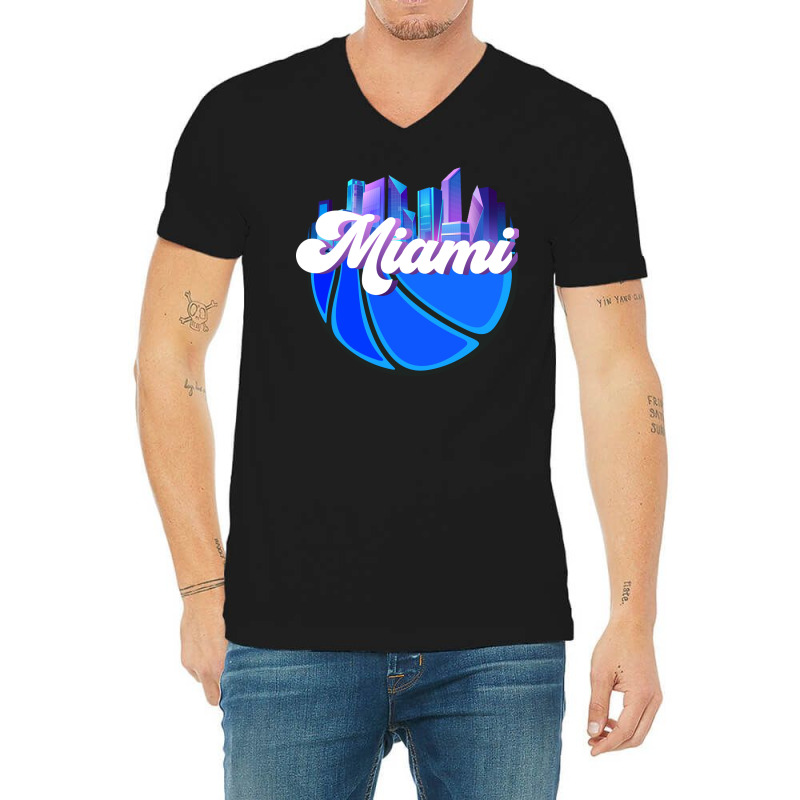 Vintage Miami Florida Cityscape Retro Basketball R V-Neck Tee by lindeaucterr | Artistshot