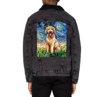 Cute Goldendoodle Starry Night Doodle Dog Art By A Unisex Sherpa-lined Denim Jacket | Artistshot