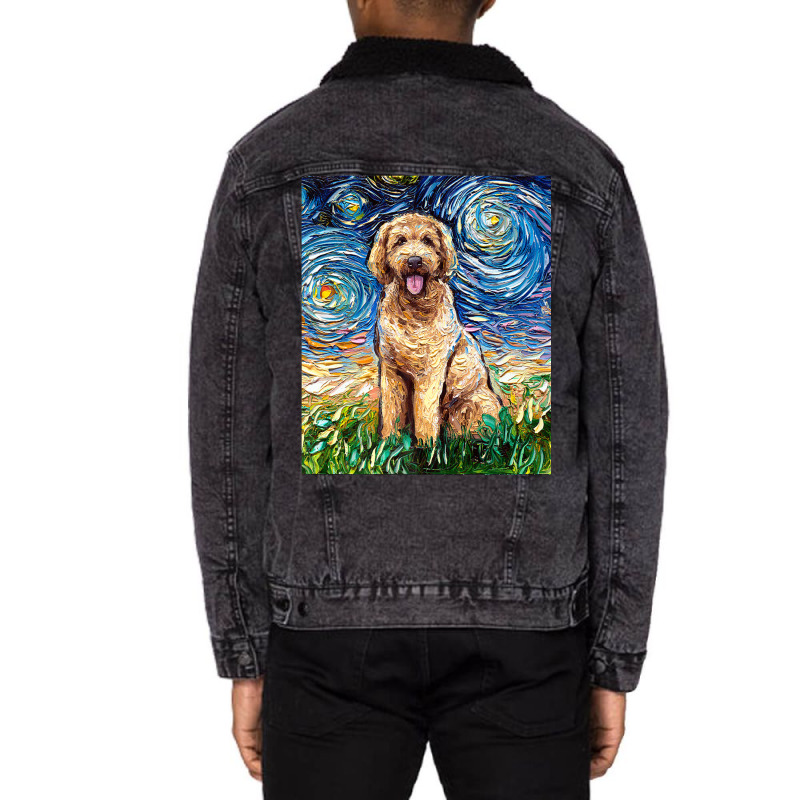 Cute Goldendoodle Starry Night Doodle Dog Art By A Unisex Sherpa-lined Denim Jacket | Artistshot