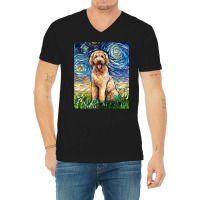 Cute Goldendoodle Starry Night Doodle Dog Art By A V-neck Tee | Artistshot