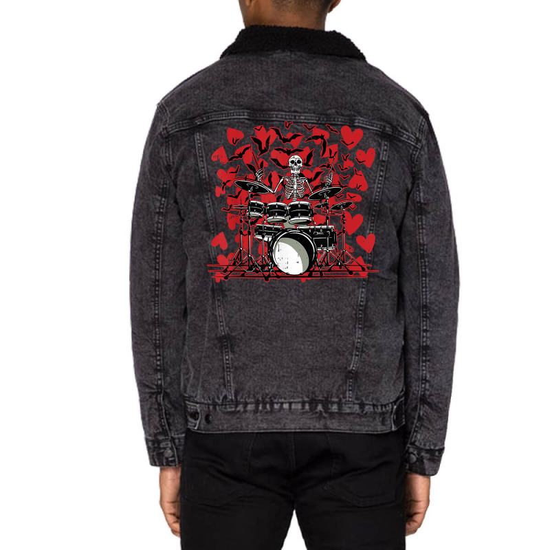 Skeleton Drummer Valentines Day Rock N Roll Drum M Unisex Sherpa-lined Denim Jacket | Artistshot