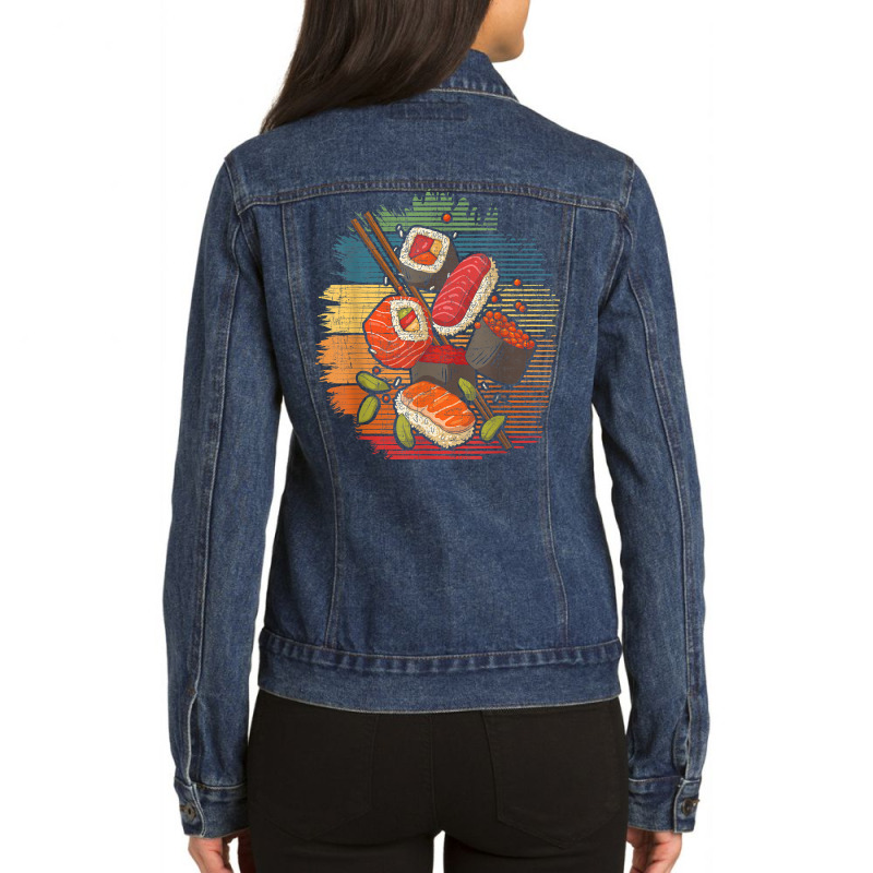 Sushi Retro Art   Japan Japanese Food Lover Cuisin Ladies Denim Jacket by tamicam | Artistshot