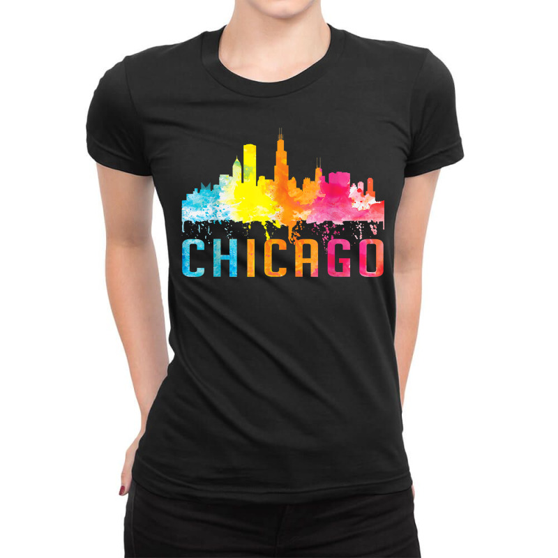 Chicago Illinois Retro Watercolor Skyline Art Souv Ladies Fitted T-Shirt by validokel | Artistshot