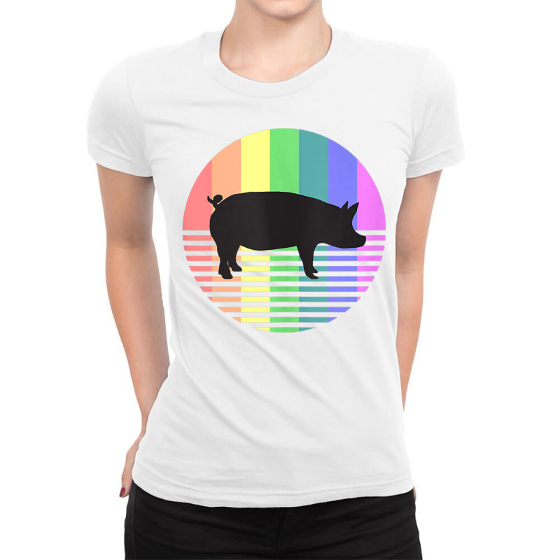 Retro Pig Gay Pride Vintage 80s Rainbow Pig Farm A Ladies Fitted T-Shirt by africaka | Artistshot