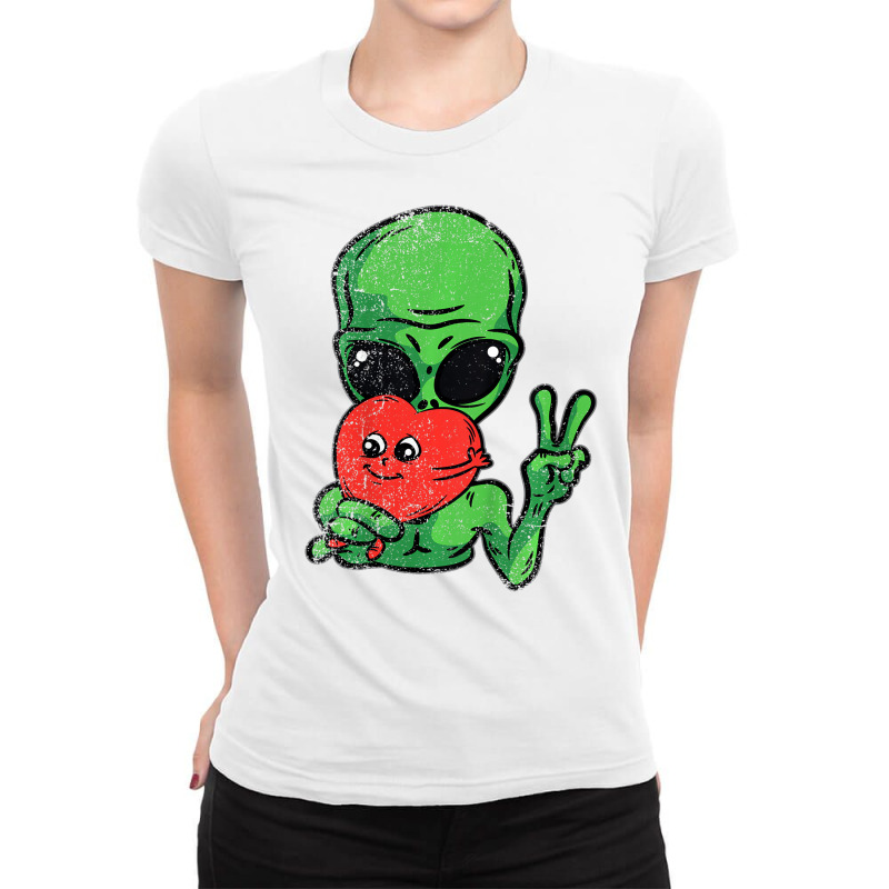 Kids Alien Peace Heart Valentines Day Funny Love U Ladies Fitted T-Shirt by imelde | Artistshot