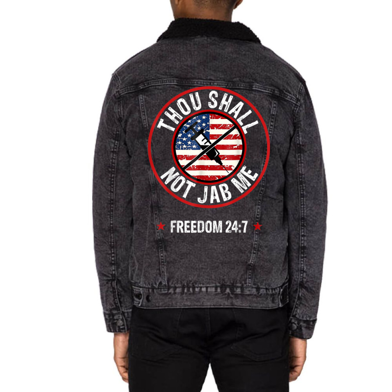 Thou Shall Not Jab Me Anti Vax No Vaccine Freedom Unisex Sherpa-Lined Denim Jacket by kranendon | Artistshot