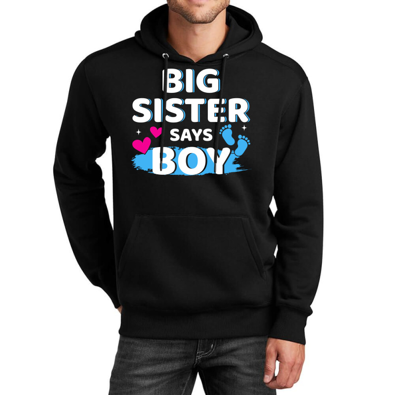 Gender Reveal Sister Says Boy Matching Family Ba R Unisex Hoodie by holatellids | Artistshot