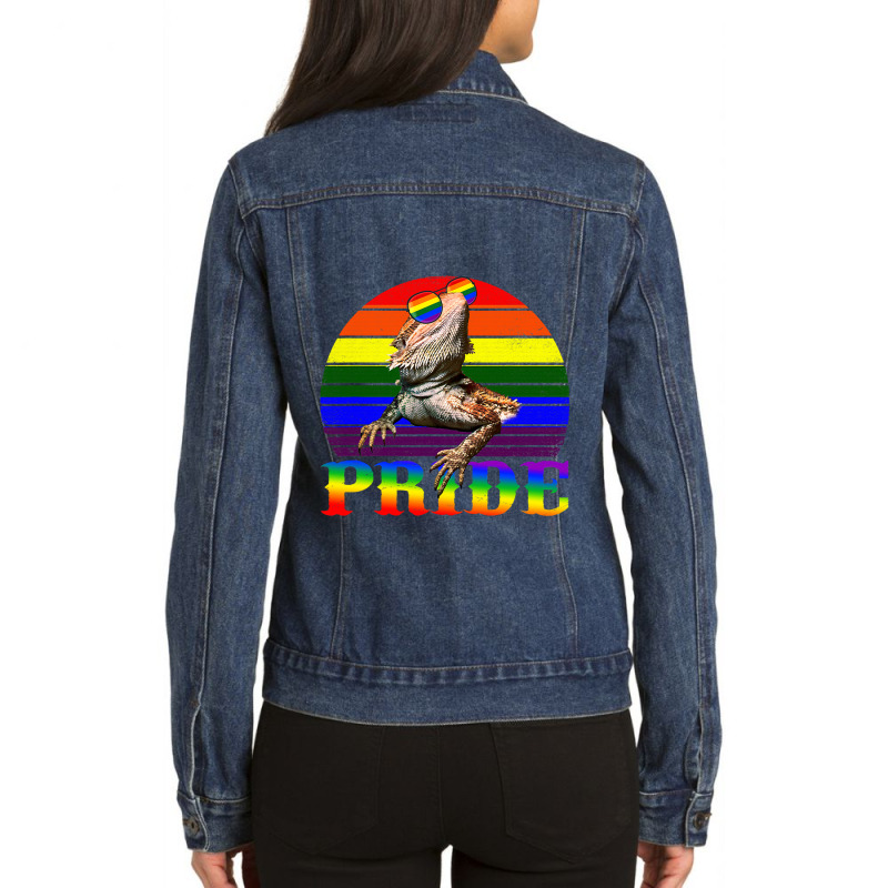 Pride Bearded Dragon Gay Lgbtq Rainbow Flag Retro  Ladies Denim Jacket by spreesgomez | Artistshot