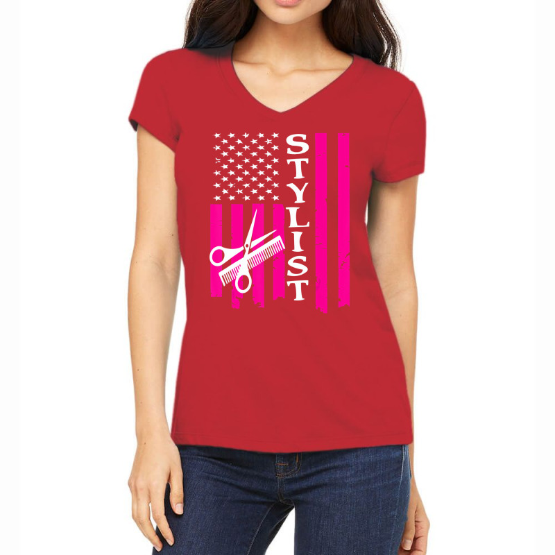 Hair Stylist American Flag Tshirt Women's V-Neck T-Shirt by holden | Artistshot