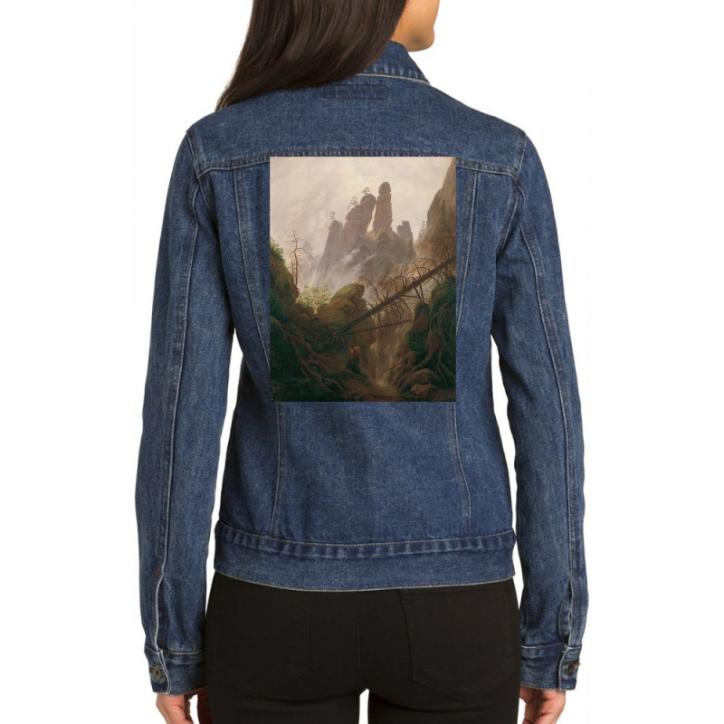 Caspar David Friedrich   Rocky Ravine In The Elbe Ladies Denim Jacket by muttygleberp | Artistshot