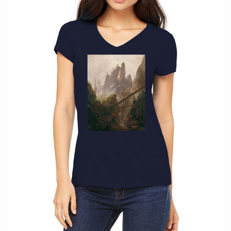 Caspar David Friedrich   Rocky Ravine In The Elbe Women's V-Neck T-Shirt by muttygleberp | Artistshot