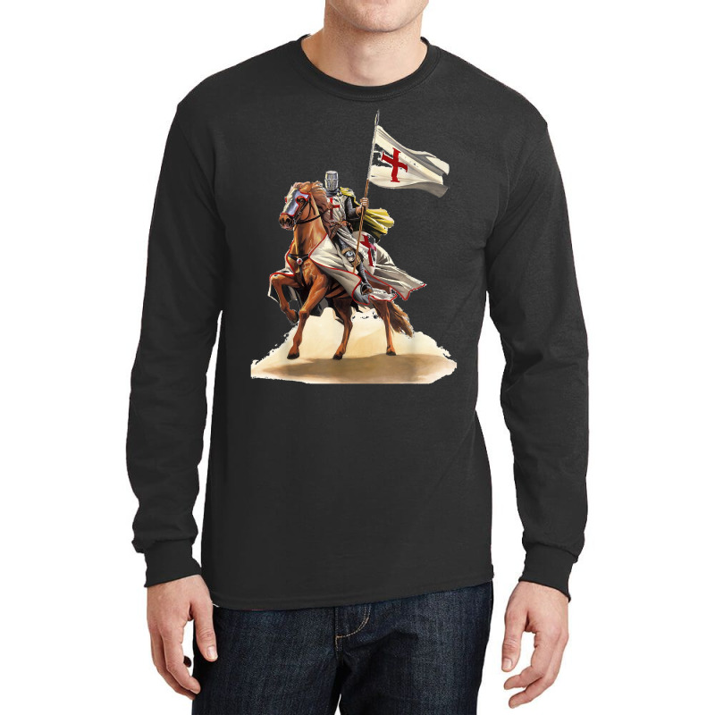 Knights Templar On A Horse Flag Deus Vult Crusader Long Sleeve Shirts | Artistshot