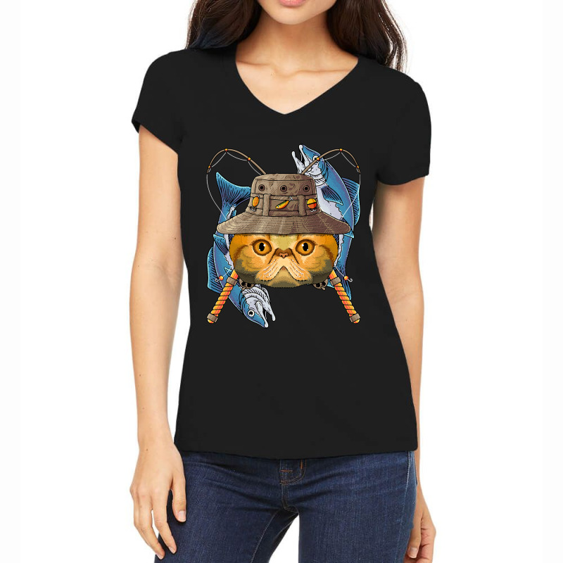 Fishing Exotic Shorthair Outdoor Fisherman Cat Fly Women's V-Neck T-Shirt by spreesgomez | Artistshot