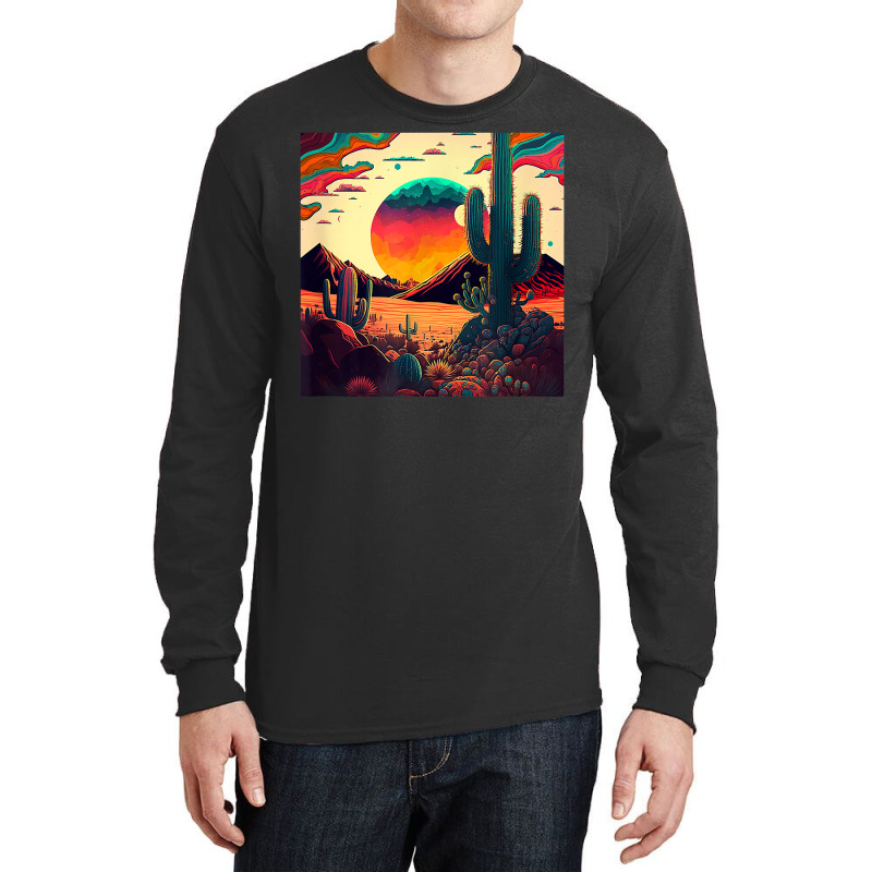 Trippy Desert Landscape Psychedelic Scene Cactus M Long Sleeve Shirts | Artistshot