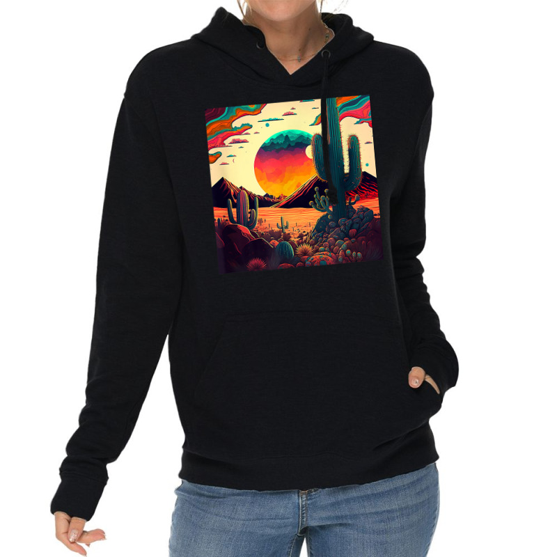 Trippy Desert Landscape Psychedelic Scene Cactus M Lightweight Hoodie | Artistshot