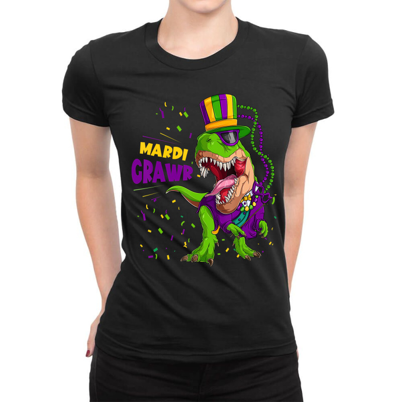 Mardi Gras Trex Dinosaur And Mardi Gras Lovers Mar Ladies Fitted T-Shirt by bettincam | Artistshot