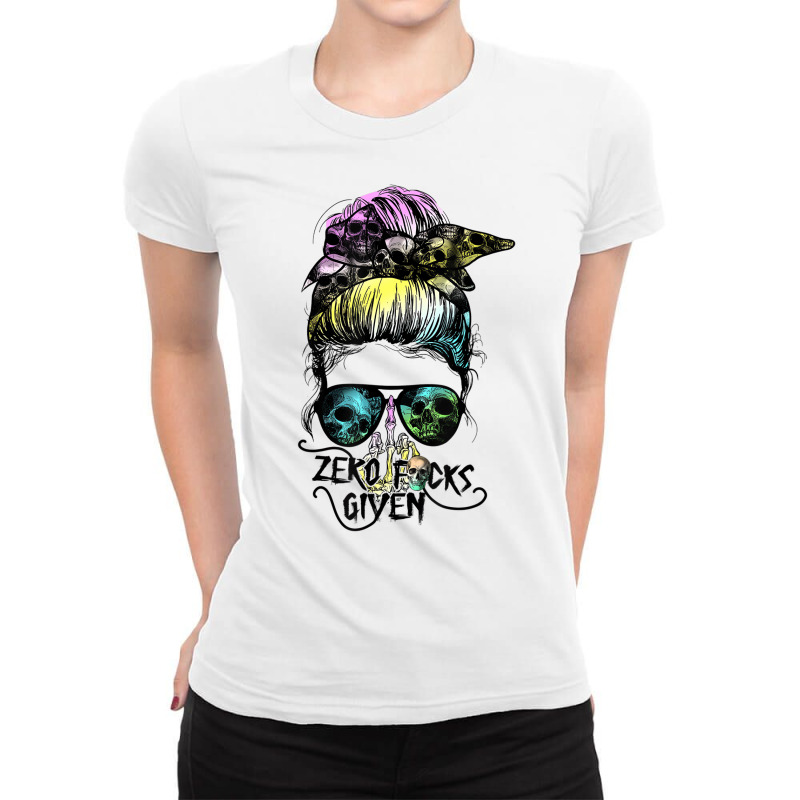 Zero Fucks Given Skull Middle Finger Messy Bun Hal Ladies Fitted T-Shirt by mauthe | Artistshot