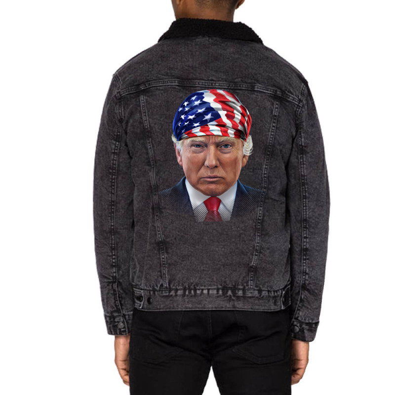 President Donald Trump In Flag Of Usa Head Wrap Shirts Unisex Sherpa-lined Denim Jacket | Artistshot