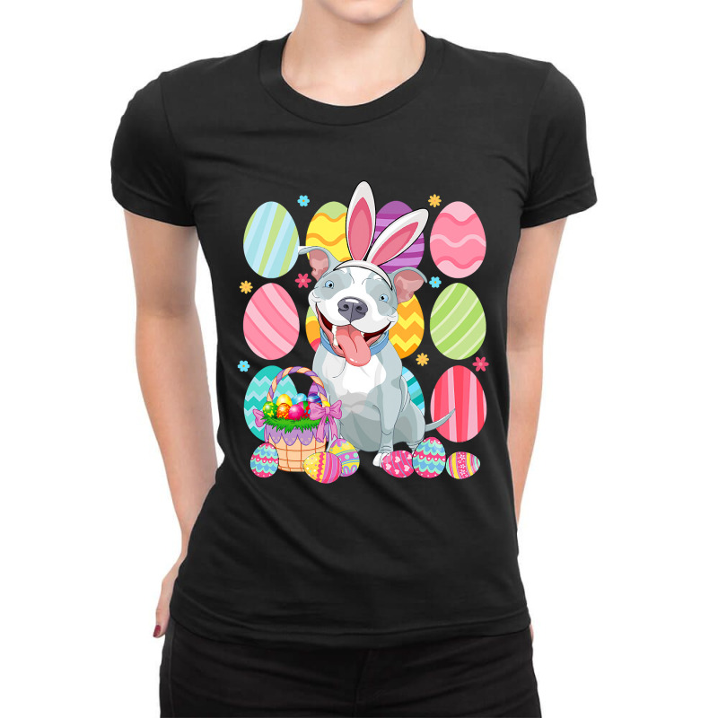 Cute Pitbull Easter Bunny Ear Colorful Easter Egg  Ladies Fitted T-Shirt by kerrmanthez | Artistshot