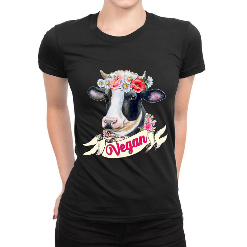 Funny Vegan Flower Cow Vegetarian Lovers Animals C Ladies Fitted T-Shirt by kerrmanthez | Artistshot