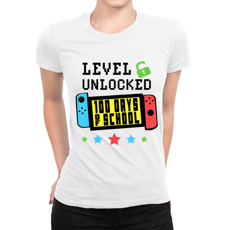 Level Unlocked 100 Days Of School Gamer Graphic Ar Ladies Fitted T-Shirt by holden | Artistshot