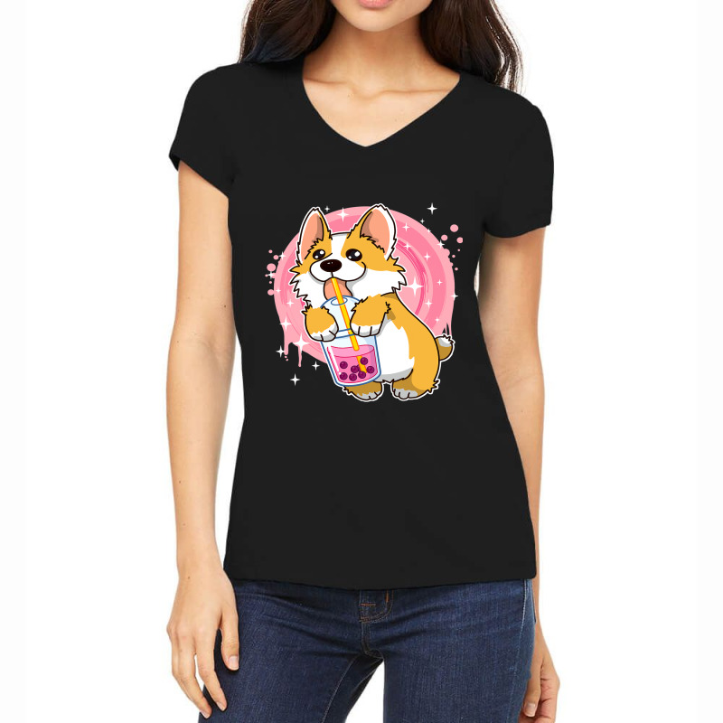 Boba Milk Tea Corgi Dog Puppy Lover Kawaii Japanes Women's V-Neck T-Shirt by DEBORAHBOURSSIQUOT | Artistshot