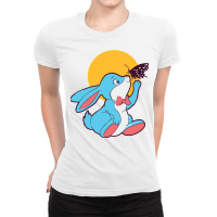 Cute Blue Bunny Playing With A Butterfly Ladies Fitted T-shirt | Artistshot