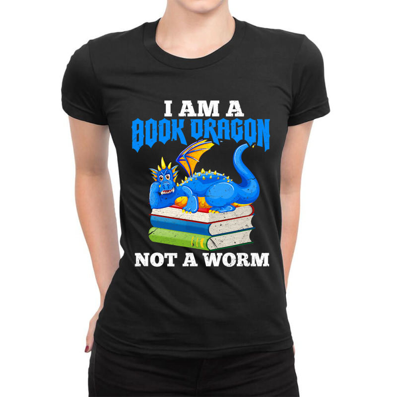 Reading Book Dragon Not A Worm Reader Bookworm Dis Ladies Fitted T-Shirt by kerrmanthez | Artistshot