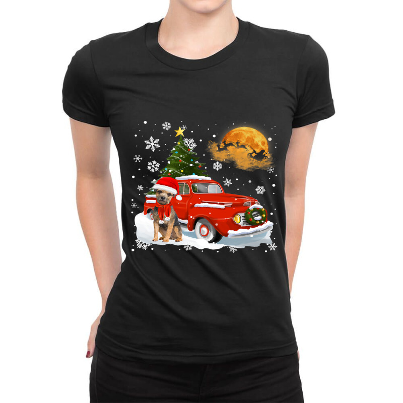 Border Terrier Vintage Red Truck Christmas Tree Pa Ladies Fitted T-Shirt by AURRADILLARD | Artistshot